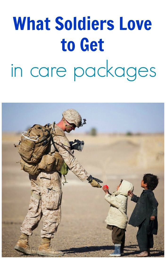 an image of a soldier helping a child to get in care packages with the caption, what soldiers love to get in care packages