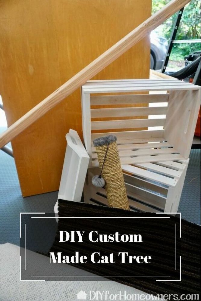 diy custom made cat tree for under the stairs with text overlay that reads diy custom made cat tree