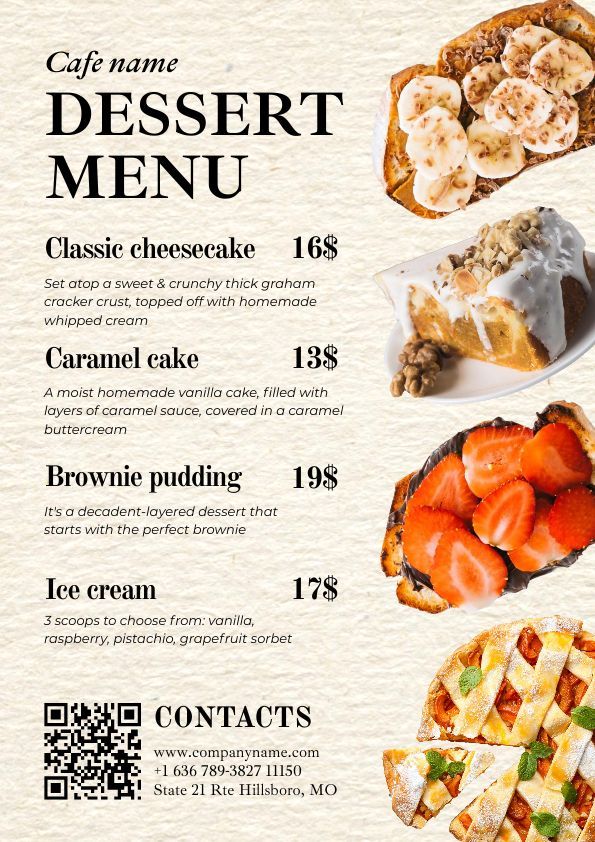 a menu for desserts with different types of food