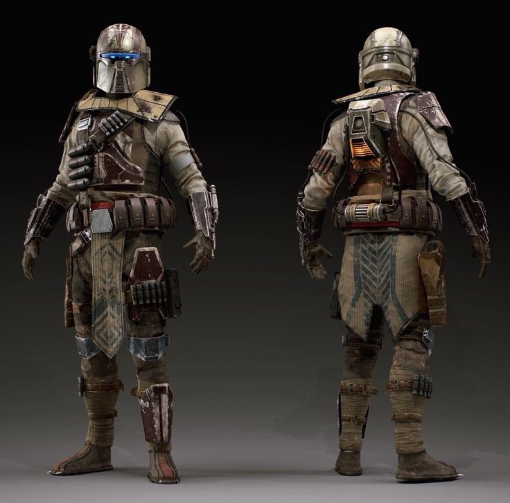 two men in armor standing next to each other on a dark background with one wearing a helmet