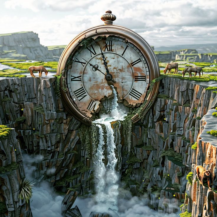 there is a large clock on the side of a cliff with animals in it and water coming out of its mouth