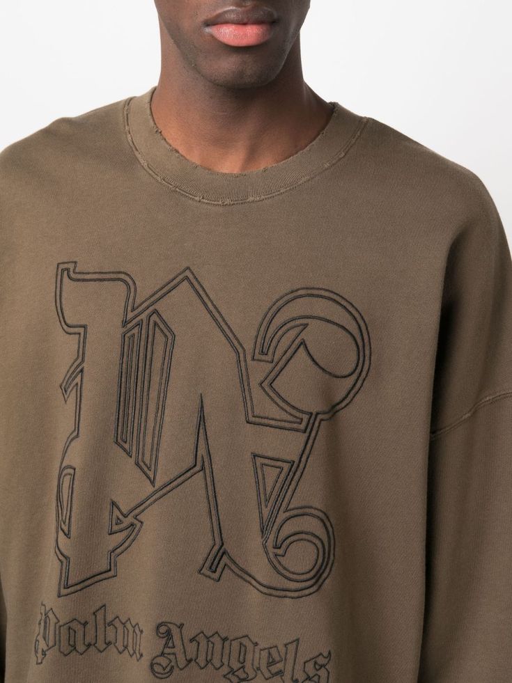 embroidered-logo cotton sweatshirt from PALM ANGELS featuring earth brown, cotton, embroidered logo to the front, monogram print, crew neck, long sleeves and straight hem. This item is in size L and the color is Oversized Logo Sweatshirt For Fall, Oversized Sweatshirt With Embroidered Logo For Fall, Oversized Sweater With Embroidered Logo For Streetwear, Cotton Tops With Logo Detail For Fall, Oversized Crew Neck Sweatshirt With Logo, Embroidered Logo Tops For Fall Streetwear, Logo Detail Tops For Fall Streetwear, Logo Detail Tops For Streetwear In Fall, Fall Streetwear Tops With Logo Detail