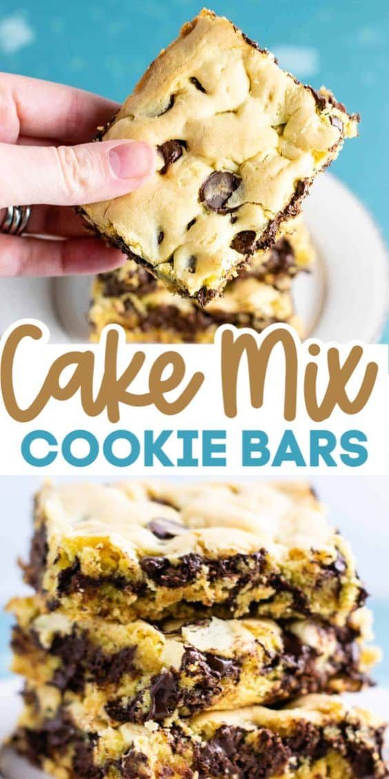 chocolate chip cookie bars stacked on top of each other with text overlay that reads cake mix cookie bars