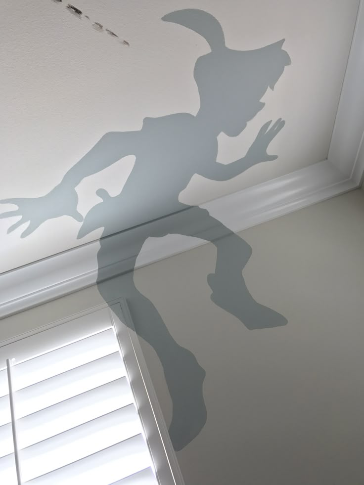 the shadow of a person standing in front of a window with blinds drawn on it