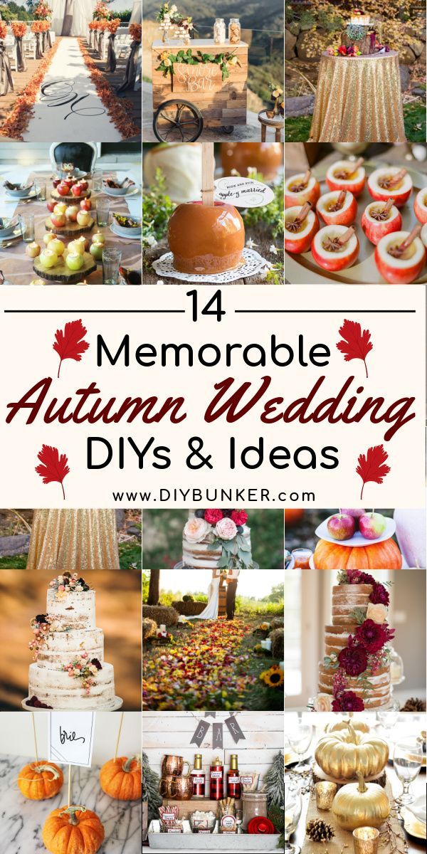 a collage of photos with autumn wedding decorations and desserts on it's side