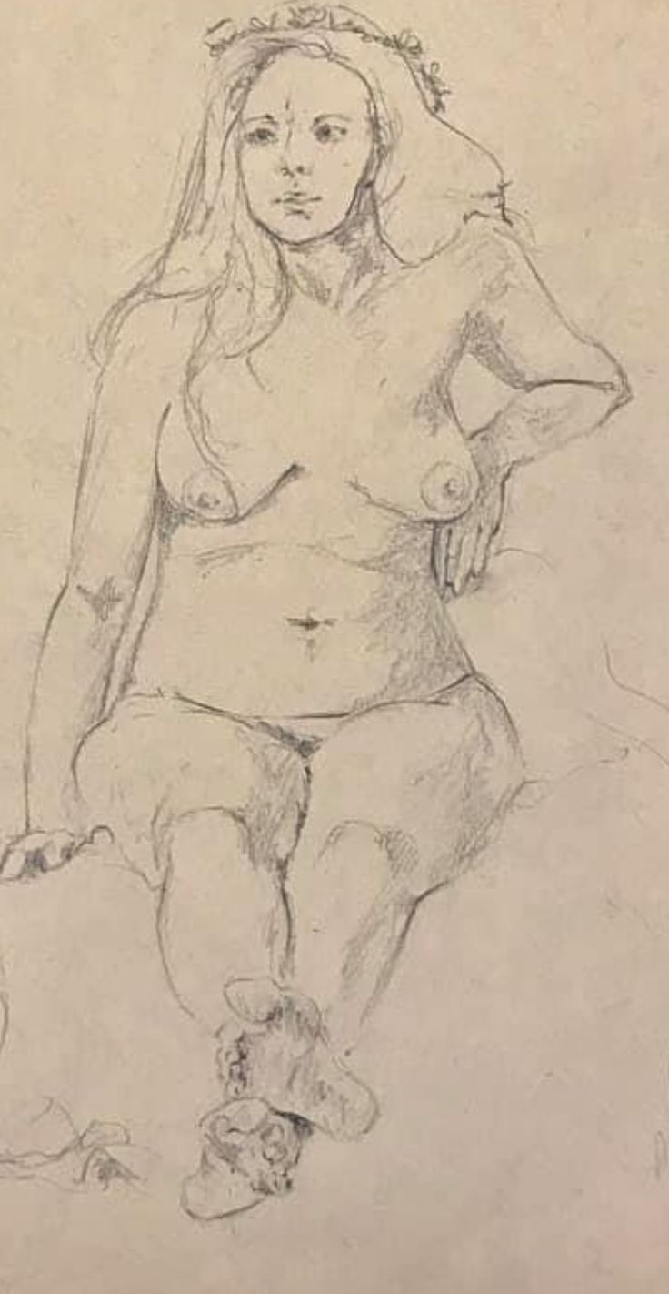 a drawing of a naked woman sitting on the ground