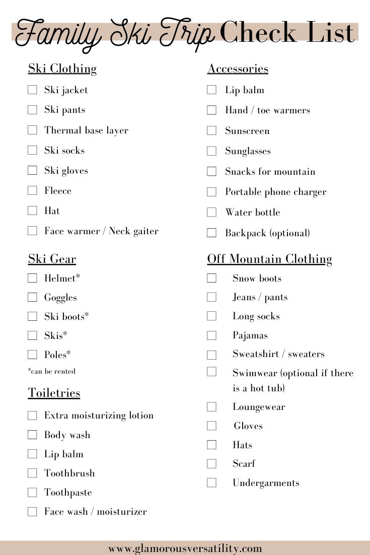 a printable family ski trip checklist with the words,'family ski trip check list '