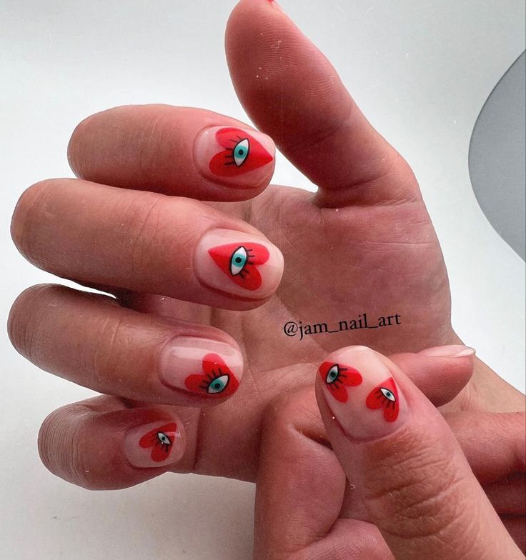 Love Heart Nails, Evil Eye Nails, Eye Nail Art, Heart Nail Designs, Valentine Nail Art, Heart Nail Art, Dark Nails, Short Acrylic Nails Designs, Short Nail Designs