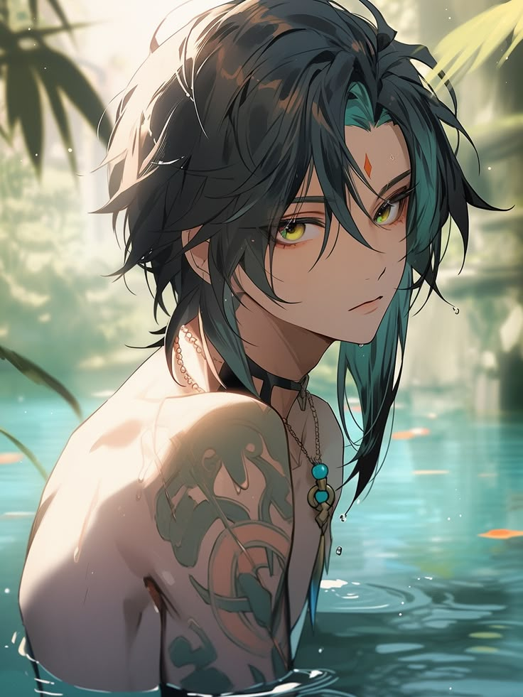 a man with green hair and tattoos sitting in the water next to some bamboo trees