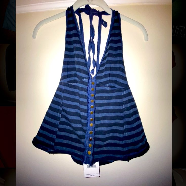 Super Cute Corset Style Tank Top. Love The Hippie Vibes. Brand New With Tags Blue Color Combo Size Xs But Fits Me & I Range From Xs-M Depending On The Fit About Waist Length, Little Shorter Than A Regular Top Adjustable Straps & Tie Halter Neck Buttons All The Way Down Blue V-neck Halter Top For Spring, Trendy Navy Summer Tops, Navy Stretch Tops For Summer, Navy Summer Tops For Vacation, Striped Sleeveless Casual Halter Top, Blue Stretch Summer Tops, Casual Striped Sleeveless Halter Top, Cotton Halter Neck Tops For Beachwear, Summer Blue Halter Top For Day Out