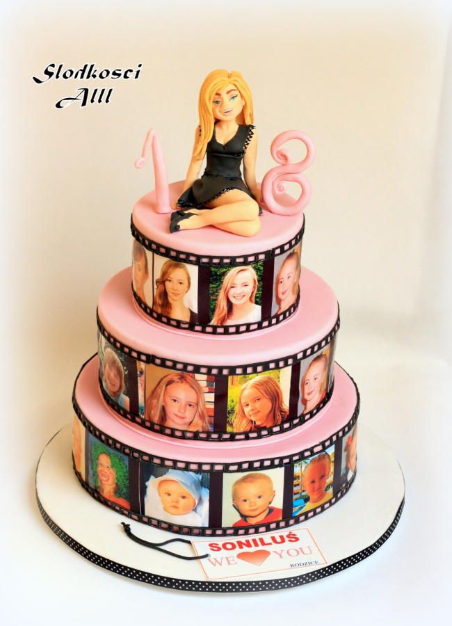 a pink cake with pictures of women on it and the number eight is decorated in film strips