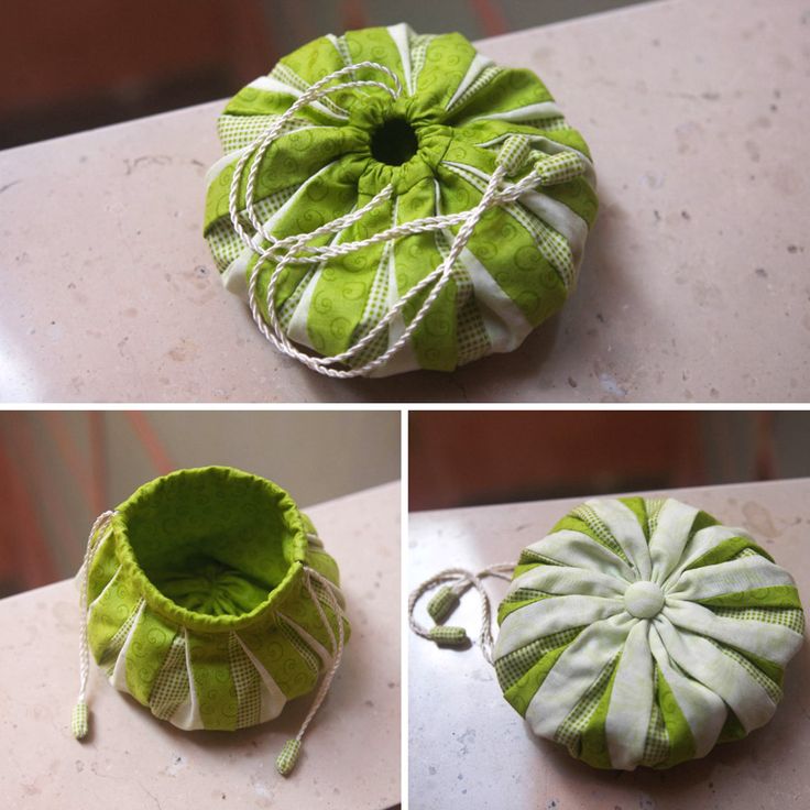 three pictures show different ways to sew a round bag with string and yarn on it