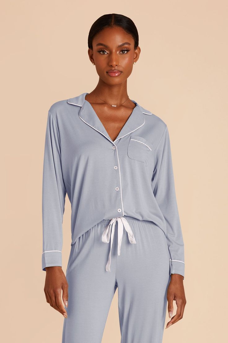 Your bridesmaids will feel like they're wrapped up in a soft, cooling cloud in this bamboo jersey pajama set. Available in Dusty Blue. Your arms and legs will thank you when they're wrapped up in our smooth, cooling bamboo jersey. | Dusty Blue Getting Ready Bamboo Size XS | Birdy Grey Jonny Long Sleeve Pajama and Pants Set Birdy Grey, Sleepwear & Loungewear, Long Sleeve Pyjamas, Birdy, Dusty Blue, Getting Ready, Pajama Set, Feel Like, Pants Set