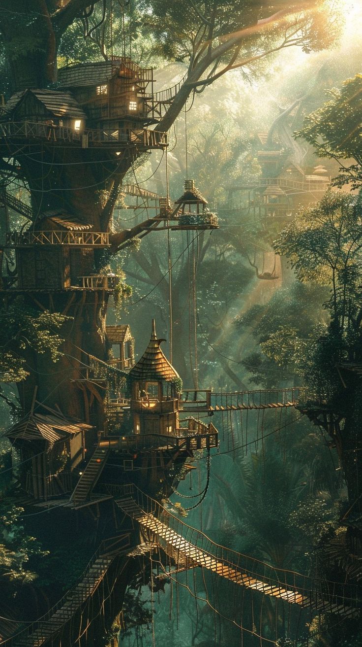 a tree house in the middle of a forest with lots of trees on top of it