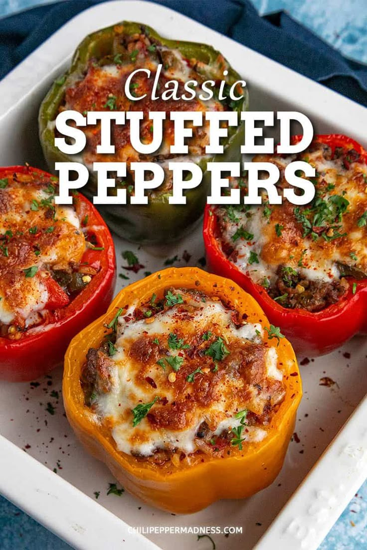 four stuffed peppers on a white plate with the title in the middle and bottom right corner