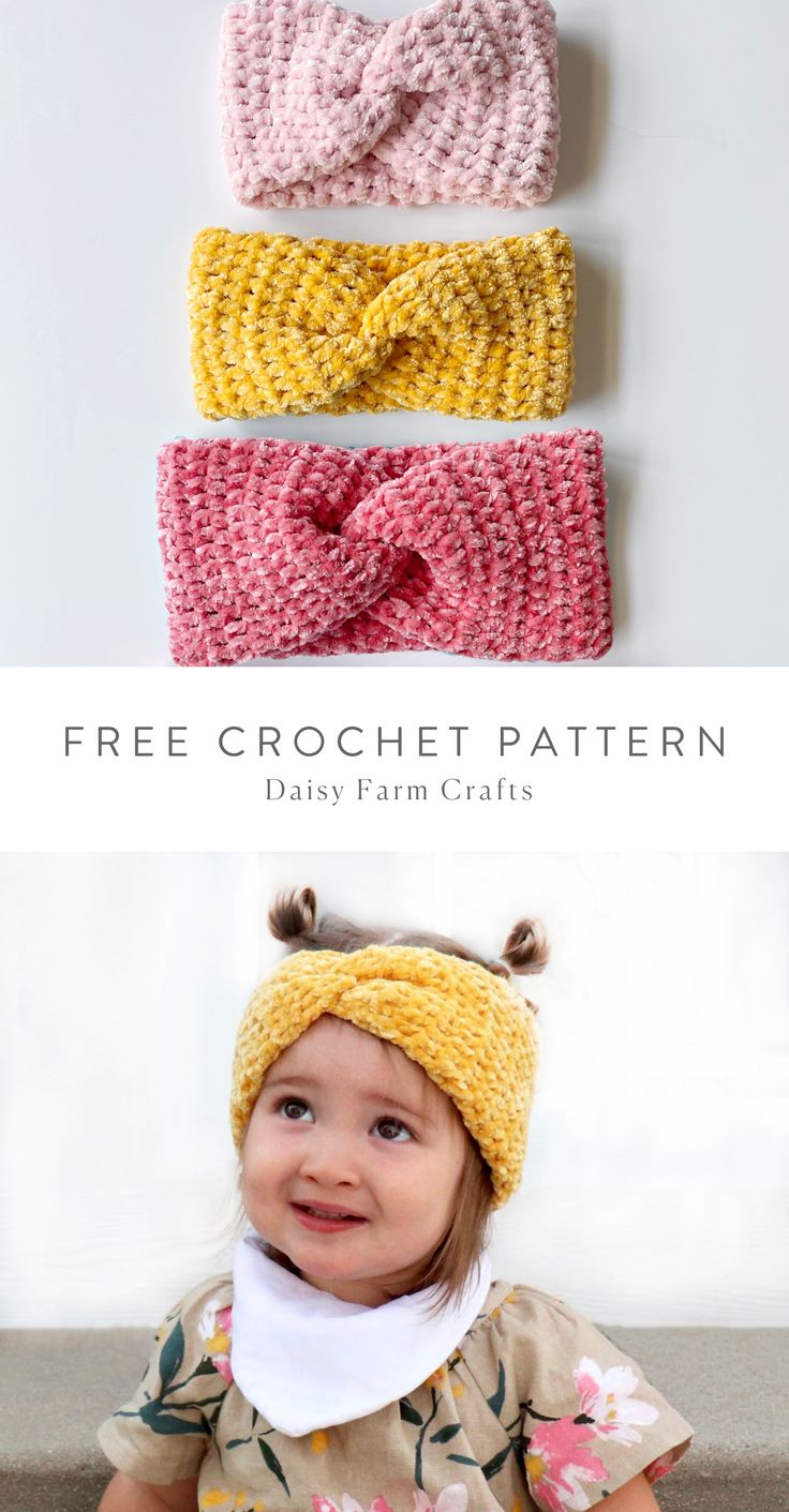 three crocheted headbands with the words free crochet pattern on them