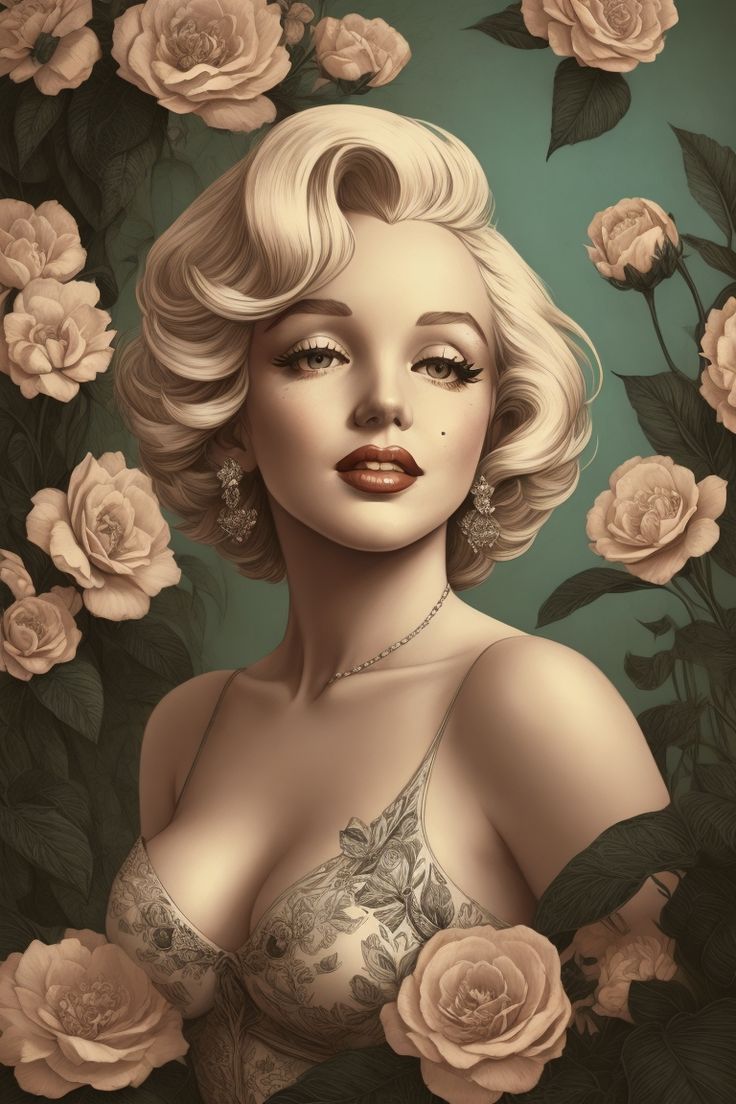 a painting of a woman with blonde hair and tattoos on her chest, surrounded by roses