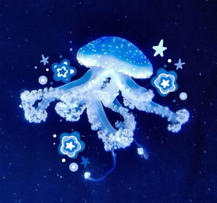 a blue jellyfish floating in the water with stars and bubbles on it's back