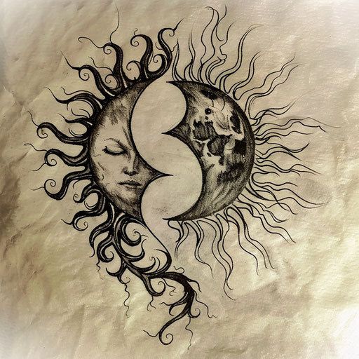 Sun And Moon Tattoo Art Kit Cameo Chest Tattoo, Moon And Sun Face Tattoo, Sun Moon Tattoos For Women, Light And Dark Tattoo Couple, Back Of Neck Moon Tattoo, Impulse Tattoo Ideas, Low Back Tattoos, Moon Back Tattoo, Sun And Moon Wedding