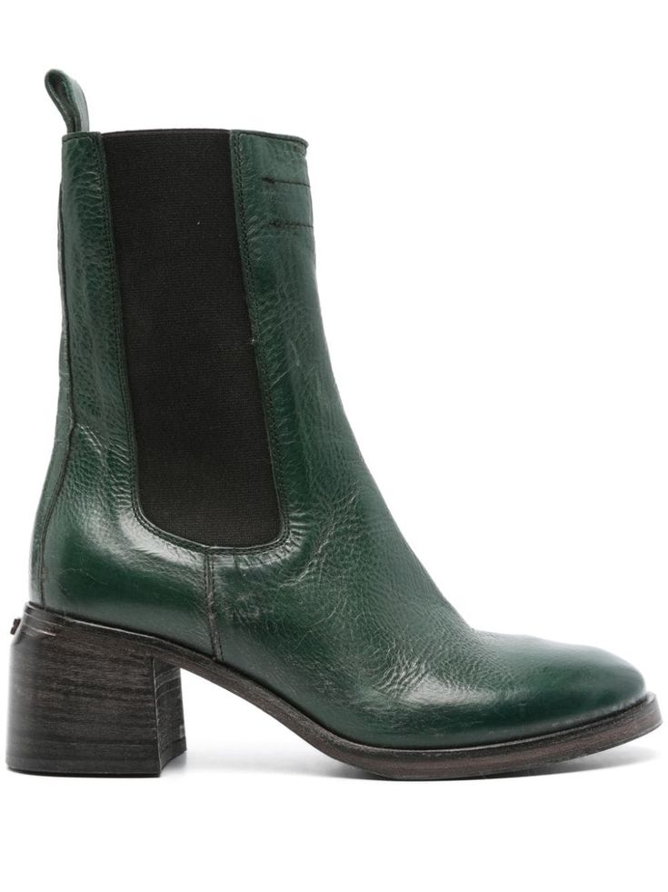 dark green calf leather cracked texture silver-tone logo plaque pull-tab at the heel round toe elasticated side panels pull-on style branded insole 60mm mid block heel rubber sole Cracked Texture, Boots Heel, Fall Boots, Chanel 2, Iconic Bags, Boots Fall, Flat Boots, Exclusive Fashion, Ballet Flat Shoes