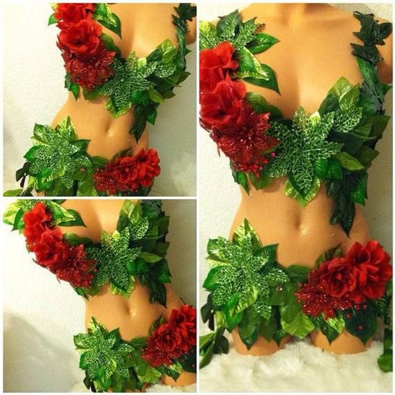 four pictures of a woman's torso with flowers on it and leaves around the top