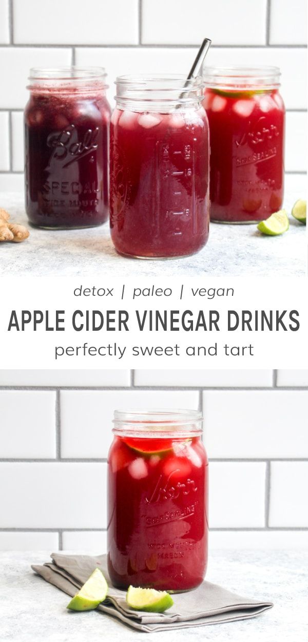 three jars filled with apple cider vinegar drinks and garnished with limes