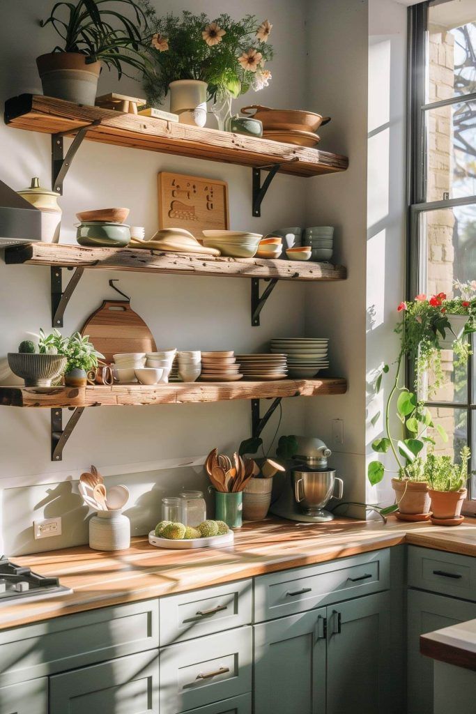 a kitchen filled with lots of pots and pans on top of wooden counter tops