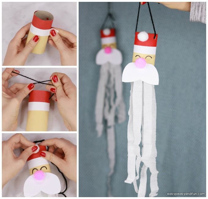 the instructions to make a santa clause mobile for christmas time with paper rolls and yarn