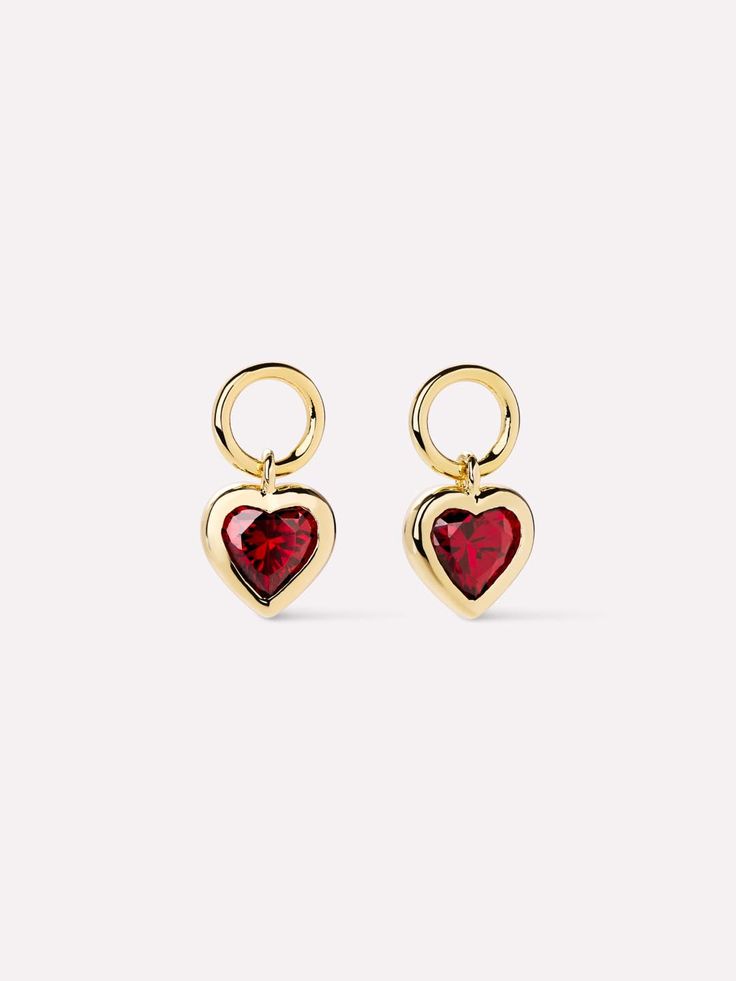 Hoops With Charms, Earring Charm, Gold Heart Earring, Bold Earrings, Earring Charms, Heart Dangle Earrings, Mismatched Earrings, Red Earrings, Fantasy Fashion