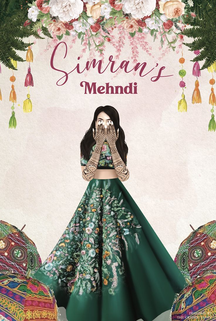 a woman standing in front of an umbrella with her hands to her face and the words sumrani mehnti written on it