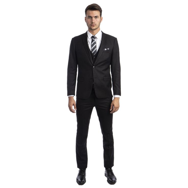 Elevate Your Style With The Sean Alexander Men's Three-Piece Suit, A Symbol Of Modern Sophistication. This Ensemble Boasts A Solid Design And A Skinny Fit, Ensuring You Look Your Best At Any Event. The Jacket Features A Two-Button Front Closure, Notch Lapel, And Underarm Sweat Guards For Ultimate Comfort. The Vest, With Its Four-Button Closure, Adds An Extra Layer Of Refinement, While The Flat Front, Skinny Fit Pants Come With Practical Details Like Back Besom Pockets And A 37-Inch Inseam. Craft Black Professional Sets For Business Casual, Black Single Breasted Business Casual Sets, Black Single-breasted Business Casual Sets, Black Single Breasted Sets For Business Casual, Black Suiting Fabric Sets For Business Casual, Professional Black Business Sets, Professional Black Business Set, Black Notch Lapel Business Sets, Black Slim Fit Sets For Business