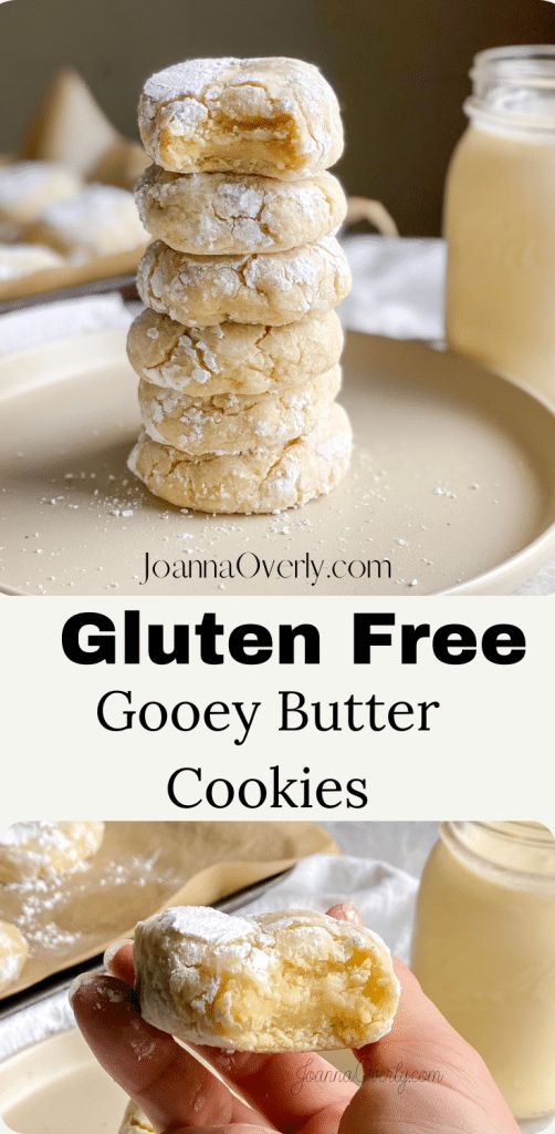 A stack of several gluten-free gooey butter cookies stacked on a plate with a glass of milk behind it. Gluten Free Cake Batter Cookies, Gluten Free Soft Cookies, Gluten Free Pecan Cookies, Gf Cookies Recipes, Christmas Gluten Free Desserts, Goey Butter Cookies, Butter Free Cookies, Gluten Free Cookies Christmas, Gf Christmas Cookies