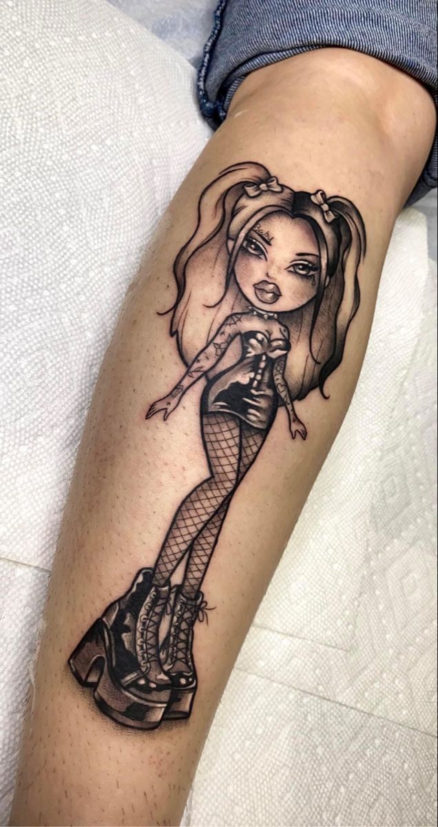 Bratz Sleeve Tattoo, Goth Barbie Tattoo, Goth Leg Tattoos Women, Bratz Fairy Tattoo, Sasha Bratz Tattoo, Girly Patchwork Tattoo Sleeve, Bratz Doll Tattoo Stencil, Bratz Inspired Tattoo, Bratz Dolls Tattoos