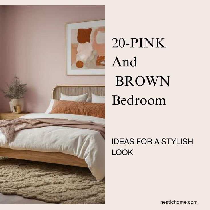 a bedroom with pink walls and brown bedding