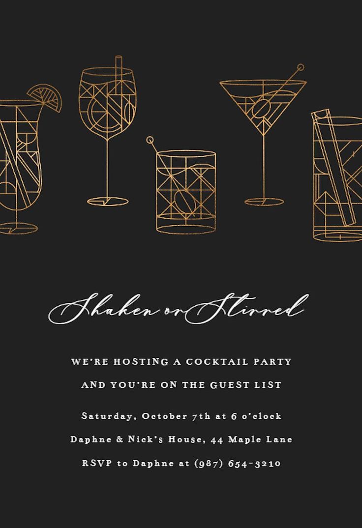 a black and gold cocktail party card with the words modern drinks on it in white ink