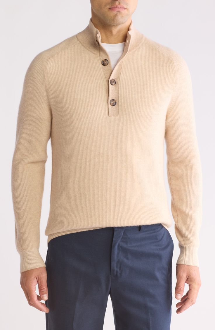 Decoratively stitched ribbing subtly enhances the ultra-soft cashmere yarns of this versatile mock-neck sweater. 26 1/2" length (size Medium) Button half placket Mock neck 100% cashmere Dry clean Imported Mens Mock Neck Sweater, Cashmere Yarn, Sweaters Crewneck, Mock Neck Sweater, Neck Sweater, Mock Neck, Sweater Outfits, Nordstrom Rack, Seattle