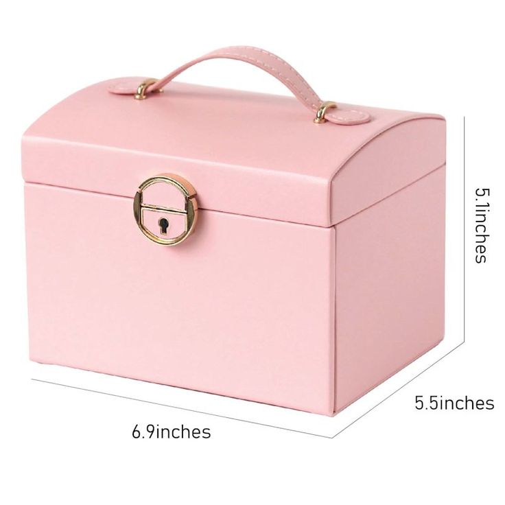 a pink box with gold handles is shown in front of a white background and measurements