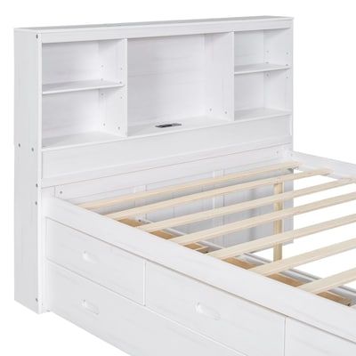 Yiekholo White Full Wood Bed Frame with Storage in the Beds department at Lowes.com Kids Platform Bed, Functional Headboard, Bed With Storage Headboard, Bookcase Bed, Full Size Platform Bed, Storage Headboard, Modern Platform Bed, Platform Bed With Storage, Bed With Storage