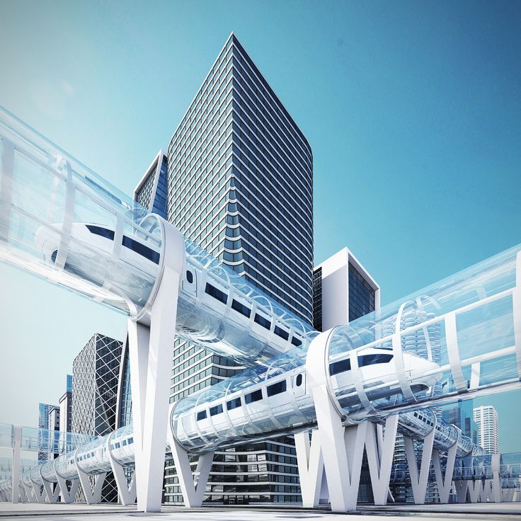 an artistic rendering of a futuristic city with high rise buildings and a subway train on the tracks