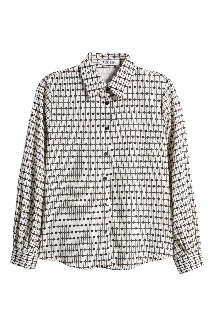 An eye-catching geo print emboldens this desk-to-dinner shirt. Spread collar Long sleeves 100% polyester Hand wash, dry flat Made in the USA Long Sleeve Tops With Geometric Pattern For Work, Long Sleeve Shirt With Geometric Pattern For Work, Patterned Shirt For Fall Workwear, Patterned Workwear Shirt For Fall, Patterned Fall Workwear Shirt, Fall Patterned Workwear Shirt, Patterned Blouse With Button Closure For Work, Elegant Long Sleeve Tops With Geometric Pattern, Elegant Long Sleeve Top With Geometric Pattern