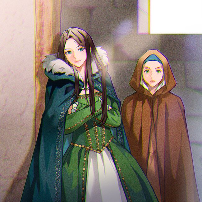 two women dressed in medieval clothing standing next to each other, one with long hair