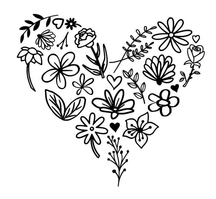 a black and white drawing of flowers in the shape of a heart