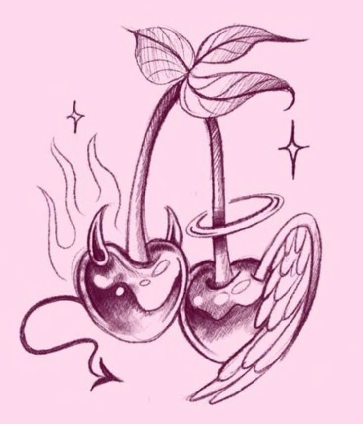 a drawing of two cherries and an angel