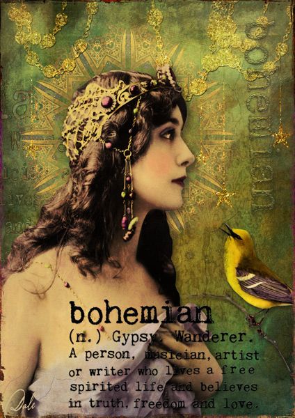 a woman with a bird on her shoulder and an old fashioned quote below it that says bohemian n gyps wanderr