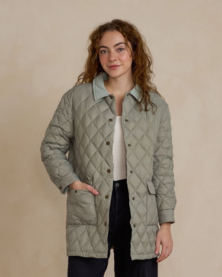 This fun long quilted coat features a contrast corduroy collar, brass antique snap buttons, a diamond quilted pattern, and flap pockets, ensuring both warmth and style. Color: Laurel Care: Machine wash cold. Lay flat to dry. Made of 100% polyester *Due to our deep discount on our annual end of season sale, all products purchased during this 40% off period are considered final sale and not eligible for return / exchange. Please reference our returns and refund policy on the site footer for additi Light Fall Jacket, Summer Book Club, Long Quilted Coat, Native Shoes, Pin Doll, Quilted Puffer Jacket, Quilted Pattern, Brass Antique, Stroller Accessories