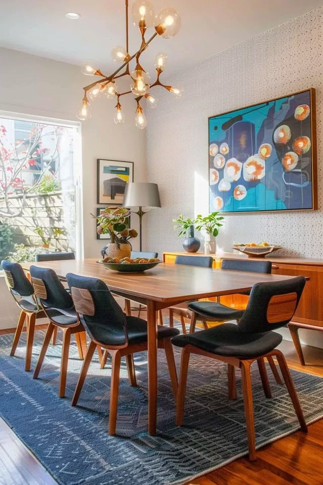 a dining room table with blue chairs and a painting on the wall behind it in front of a window