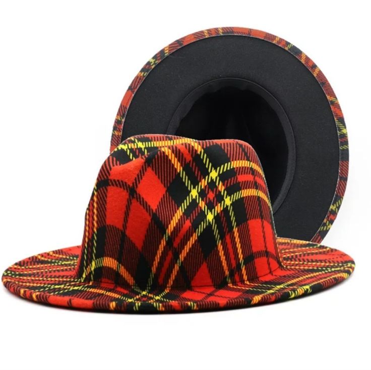 56-58 Cm 7 5 Cm Brim Red Wide Brim Hat For Fall, Plaid Adjustable Curved Brim Hat, Adjustable Plaid Hat With Curved Brim, Red Fedora With Short Brim For Winter, Red Fedora With Curved Brim For Fall, Red Fedora Winter Hat, Red Curved Brim Fedora For Winter, Red Fedora For Winter, Red Winter Fedora With Short Brim