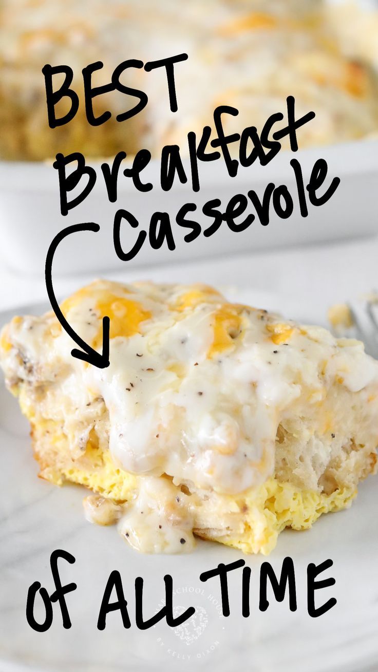 the best breakfast casserole of all time on a white plate with a fork