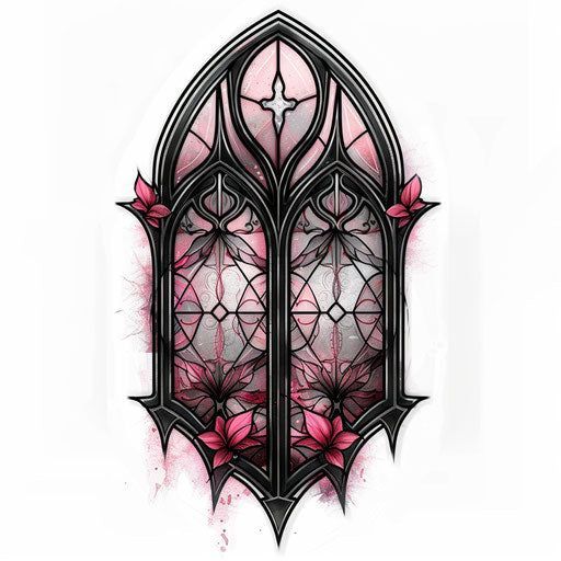 a drawing of a gothic window with pink flowers on the outside and an intricate design