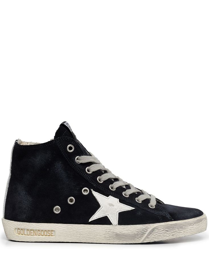 Navy blue leather Blue Suede Francy hi top sneakers from Golden Goose Deluxe Brand featuring a round toe, a lace-up front fastening, a logo patch at the tongue, a side zip fastening, a signature star patch detail to the side, a white rubber sole and distressed effects. Golden Goose Francy, Hi Top Sneakers, Style Reference, Golden Goose Sneakers, Golden Goose Shoes, Golden Goose Deluxe Brand, Hi Top, New Sneakers, Sneakers Blue